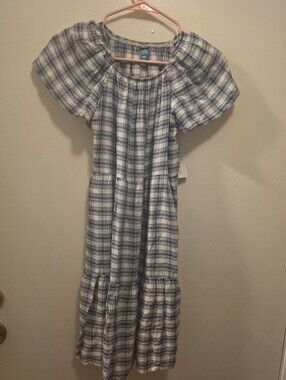 wonder nation Blue and White Plaid Tiered Cotton Dress